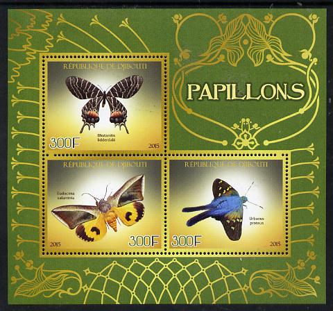 Djibouti 2015 Butterflies #1 perf sheetlet containing set of 3 unmounted mint , stamps on butterflies