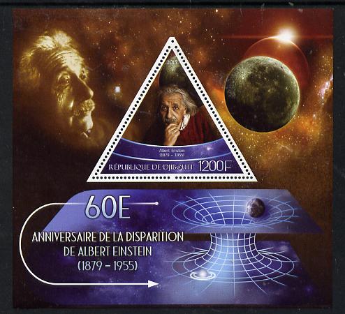 Djibouti 2015 60th Death Anniversay of Albert Einstein perf s/sheet containing one triangular value unmounted mint, stamps on , stamps on  stamps on personalities, stamps on  stamps on einstein, stamps on  stamps on science, stamps on  stamps on physics, stamps on  stamps on nobel, stamps on  stamps on maths, stamps on  stamps on space, stamps on  stamps on judaica, stamps on  stamps on atomics, stamps on  stamps on mathematics, stamps on  stamps on judaism, stamps on  stamps on planets, stamps on  stamps on shaped, stamps on  stamps on triangulars