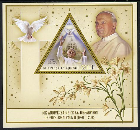 Djibouti 2015 10th Death Anniversay of Pope John Paul II perf s/sheet containing one triangular value unmounted mint, stamps on , stamps on  stamps on personalities, stamps on  stamps on pope, stamps on  stamps on religion, stamps on  stamps on popes, stamps on  stamps on shaped, stamps on  stamps on triangulars