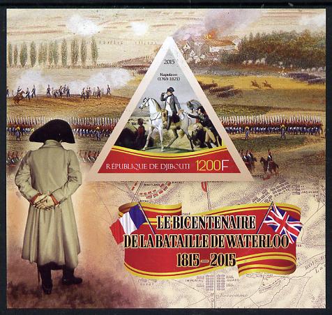 Djibouti 2015 Bicentenary of Battle of Waterloo imperf s/sheet containing one triangular value unmounted mint, stamps on , stamps on  stamps on militaria, stamps on  stamps on battles, stamps on  stamps on napoleon, stamps on  stamps on shaped, stamps on  stamps on triangulars, stamps on  stamps on horses