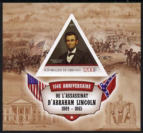 Djibouti 2015 150th Anniversay Assassination of Abraham Lincoln imperf s/sheet containing one triangular value unmounted mint, stamps on , stamps on  stamps on personalities, stamps on  stamps on lincoln, stamps on  stamps on constitutions, stamps on  stamps on usa presidents, stamps on  stamps on americana, stamps on  stamps on slavery, stamps on  stamps on racism, stamps on  stamps on theatres, stamps on  stamps on shaped, stamps on  stamps on triangulars