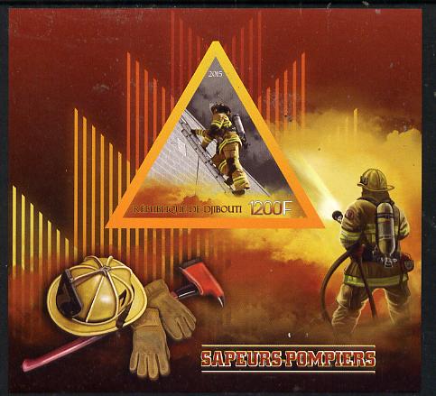 Djibouti 2015 FireFighting imperf s/sheet containing one triangular value unmounted mint, stamps on , stamps on  stamps on fire, stamps on  stamps on aviation, stamps on  stamps on helcopters, stamps on  stamps on ships, stamps on  stamps on trucks, stamps on  stamps on shaped, stamps on  stamps on triangulars
