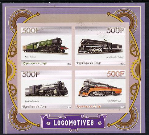 Congo 2015 Steam Locomotives imperf sheetlet containing set of 4 unmounted mint, stamps on , stamps on  stamps on railways