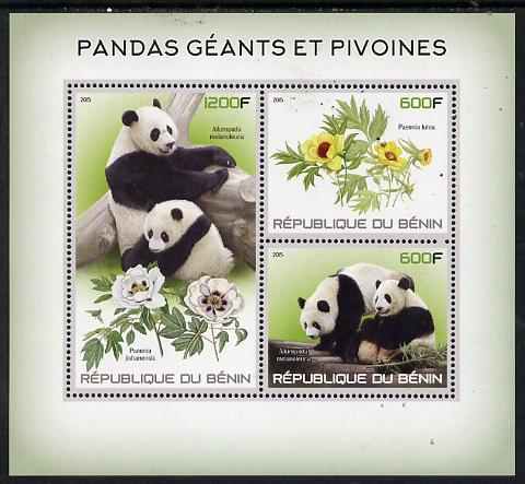 Benin 2015 Giant Pandas & Peonies perf sheet containing 3 values unmounted mint, stamps on , stamps on  stamps on pandas, stamps on  stamps on bears, stamps on  stamps on flowers