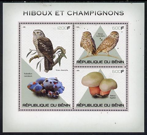 Benin 2015 Owls & Fungi perf sheet containing 3 values unmounted mint, stamps on , stamps on  stamps on birds, stamps on  stamps on birds of prey, stamps on  stamps on owls, stamps on  stamps on fungi