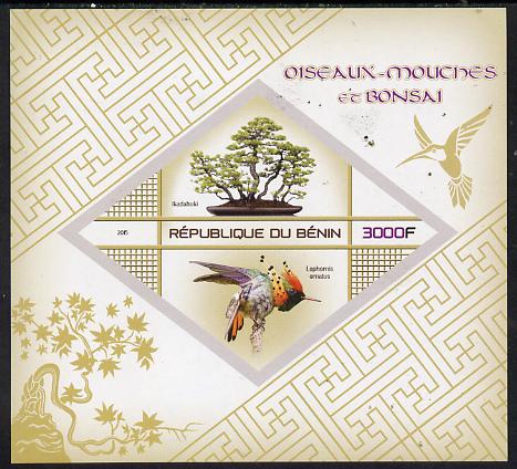 Benin 2015 Hummingbirds & Bonsai imperf deluxe sheet containing one diamond shaped value unmounted mint, stamps on , stamps on  stamps on birds, stamps on  stamps on hummingbirds, stamps on  stamps on bonsai, stamps on  stamps on shaped, stamps on  stamps on diamond