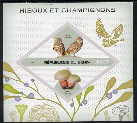 Benin 2015 Owls & Fungi imperf deluxe sheet containing one diamond shaped value unmounted mint, stamps on , stamps on shaped, stamps on diamondbirds, stamps on birds of prey, stamps on owls, stamps on fungi