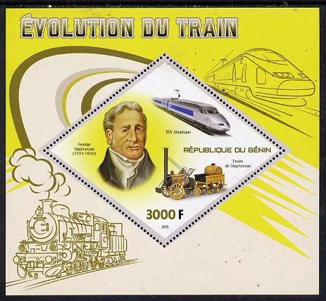 Benin 2015 Evolution of the Train perf deluxe sheet containing one diamond shaped value unmounted mint, stamps on , stamps on  stamps on railways, stamps on  stamps on shaped, stamps on  stamps on diamond