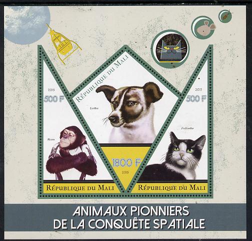 Mali 2015 Animals in Space perf sheetlet containing one diamond shaped & two triangular values unmounted mint, stamps on space, stamps on animals, stamps on cats, stamps on dogs, stamps on apes, stamps on shaped, stamps on triangle, stamps on trianguler, stamps on diamond