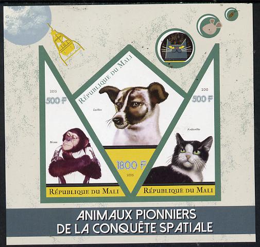 Mali 2015 Animals in Space imperf sheetlet containing one diamond shaped & two triangular values unmounted mint, stamps on space, stamps on animals, stamps on cats, stamps on dogs, stamps on apes, stamps on shaped, stamps on triangle, stamps on trianguler, stamps on diamond