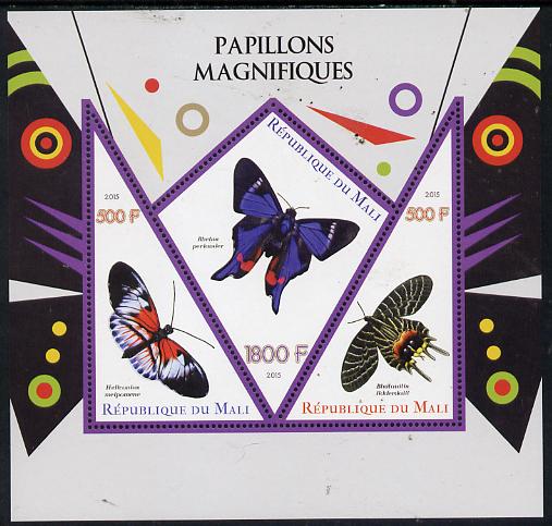 Mali 2015 Butterflies perf sheetlet containing one diamond shaped & two triangular values unmounted mint, stamps on butterflies, stamps on shaped, stamps on triangle, stamps on trianguler, stamps on diamond