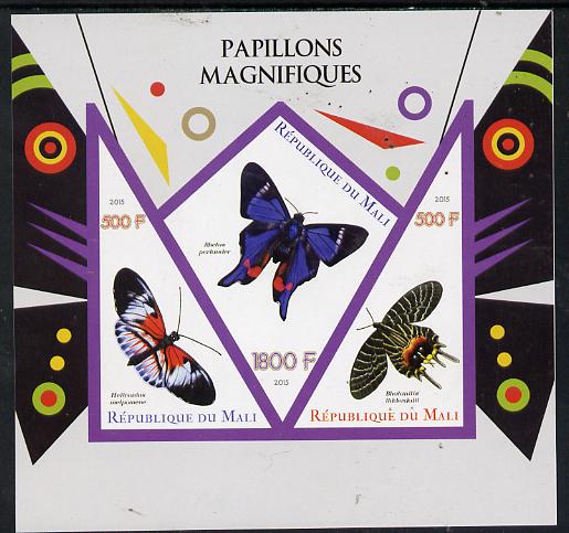 Mali 2015 Butterflies imperf sheetlet containing one diamond shaped & two triangular values unmounted mint, stamps on butterflies, stamps on shaped, stamps on triangle, stamps on trianguler, stamps on diamond