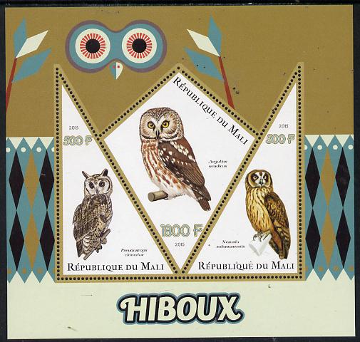 Mali 2015 Owls perf sheetlet containing one diamond shaped & two triangular values unmounted mint, stamps on , stamps on  stamps on birds, stamps on  stamps on birds of prey, stamps on  stamps on owls, stamps on  stamps on shaped, stamps on  stamps on triangle, stamps on  stamps on trianguler, stamps on  stamps on diamond
