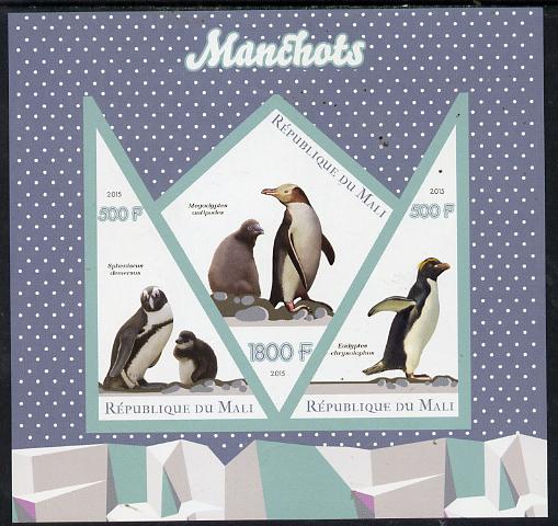 Mali 2015 Penguins imperf sheetlet containing one diamond shaped & two triangular values unmounted mint, stamps on , stamps on  stamps on birds, stamps on  stamps on penguins, stamps on  stamps on shaped, stamps on  stamps on triangle, stamps on  stamps on trianguler, stamps on  stamps on diamond