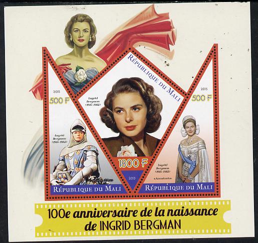 Mali 2015 Ingrid Bergman perf sheetlet containing one diamond shaped & two triangular values unmounted mint, stamps on , stamps on  stamps on personalities, stamps on  stamps on films.movies, stamps on  stamps on cinema, stamps on  stamps on shaped, stamps on  stamps on triangle, stamps on  stamps on trianguler, stamps on  stamps on diamond