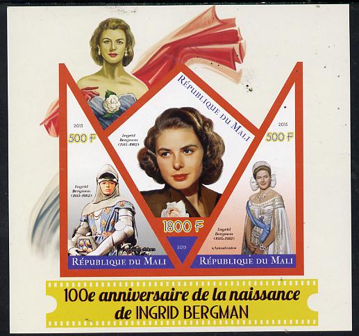 Mali 2015 Ingrid Bergman imperf sheetlet containing one diamond shaped & two triangular values unmounted mint, stamps on personalities, stamps on films.movies, stamps on cinema, stamps on shaped, stamps on triangle, stamps on trianguler, stamps on diamond