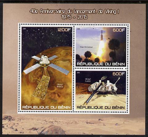 Benin 2015 40th Anniversary of Viking Probe perf sheet containing 3 values unmounted mint, stamps on , stamps on  stamps on space