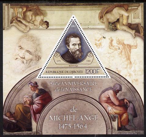 Djibouti 2015 540th Birth Anniversary of Michelangelo perf deluxe sheet containing one triangular value unmounted mint, stamps on , stamps on  stamps on personalities, stamps on  stamps on michelangelo, stamps on  stamps on arts, stamps on  stamps on triangular, stamps on  stamps on shaped