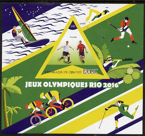 Djibouti 2015 Rio Olympic Games imperf deluxe sheet containing one triangular value unmounted mint, stamps on olympics, stamps on footbal, stamps on field hockey, stamps on fencing, stamps on bicycles, stamps on sailing, stamps on , stamps on triangular, stamps on shaped