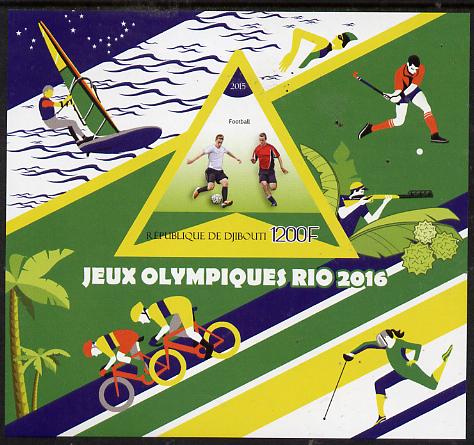 Djibouti 2015 Rio Olympic Games imperf deluxe sheet containing one triangular value unmounted mint, stamps on , stamps on  stamps on olympics, stamps on  stamps on footbal, stamps on  stamps on field hockey, stamps on  stamps on fencing, stamps on  stamps on bicycles, stamps on  stamps on sailing, stamps on  stamps on , stamps on  stamps on triangular, stamps on  stamps on shaped