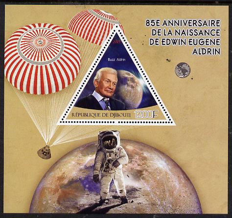 Djibouti 2015 85th Birth Anniversary of Edwin Aldrin perf deluxe sheet containing one triangular value unmounted mint, stamps on , stamps on  stamps on personalities, stamps on  stamps on space, stamps on  stamps on apollo.parachutes, stamps on  stamps on , stamps on  stamps on triangular, stamps on  stamps on shaped