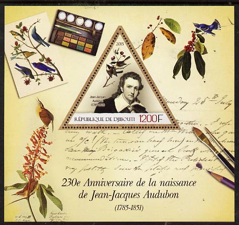 Djibouti 2015 230th Birth Anniversary of John Audubon perf deluxe sheet containing one triangular value unmounted mint, stamps on personalities, stamps on audubon, stamps on birds, stamps on animals, stamps on americana, stamps on triangular, stamps on shaped