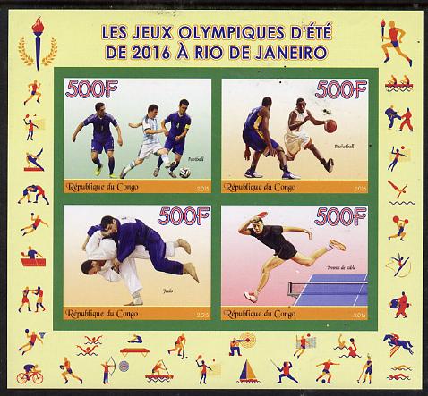 Congo 2015 Rio Olympic Games imperf sheet containing 4 values unmounted mint, stamps on olympics, stamps on football, stamps on basket ball, stamps on judo, stamps on table tennis
