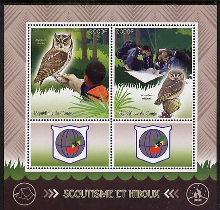 Congo 2015 Scouts & Owls perf sheetlet containing 2 stamps & 2 labels unmounted mint , stamps on , stamps on  stamps on scouts, stamps on  stamps on birds, stamps on  stamps on birds of prey, stamps on  stamps on owls