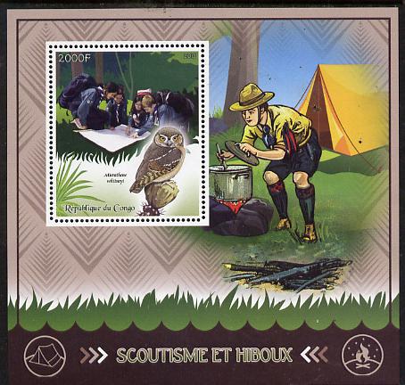 Congo 2015 Scouts & Owls perf deluxe sheet #1 containing one value unmounted mint , stamps on scouts, stamps on birds, stamps on birds of prey, stamps on owls