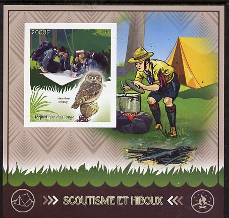 Congo 2015 Scouts & Owls imperf deluxe sheet #1 containing one value unmounted mint , stamps on scouts, stamps on birds, stamps on birds of prey, stamps on owls