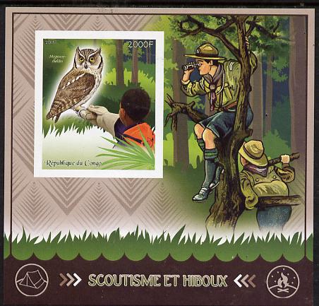 Congo 2015 Scouts & Owls imperf deluxe sheet #2 containing one value unmounted mint , stamps on scouts, stamps on birds, stamps on birds of prey, stamps on owls