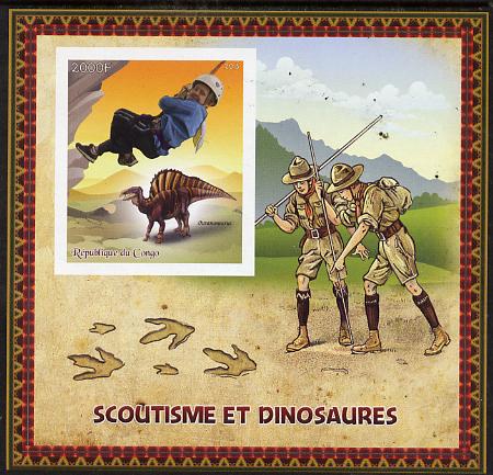 Congo 2015 Scouts & Dinosaurs imperf deluxe sheet #1 containing one value unmounted mint , stamps on scouts, stamps on dinosaurs