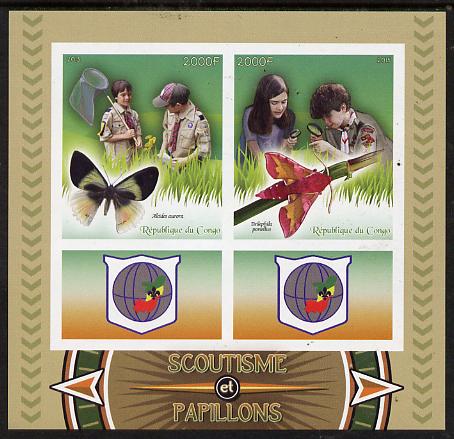 Congo 2015 Scouts & Butterflies imperf sheetlet containing 2 stamps & 2 labels unmounted mint , stamps on scouts, stamps on butterflies