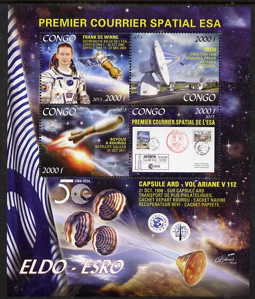 Congo 2015 50thAnniversary of ELDO #3 perf sheetlet containig 4 values unmounted mint , stamps on space, stamps on eldo, stamps on telescope, stamps on parachutes