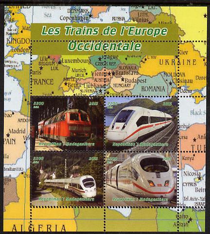 Madagascar 2015 Trains of Europe perf sheetlet containing 4 values unmounted mint. Note this item is privately produced and is offered purely on its thematic appeal, it h..., stamps on railways