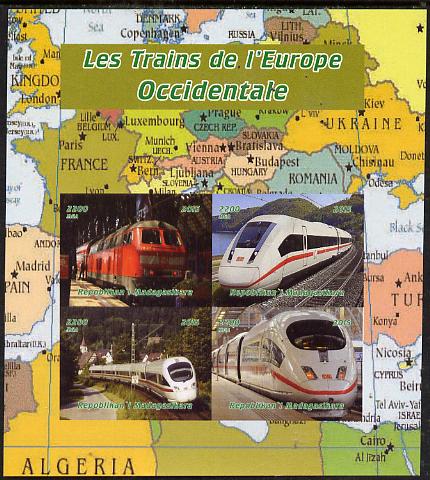 Madagascar 2015 Trains of Europe imperf sheetlet containing 4 values unmounted mint. Note this item is privately produced and is offered purely on its thematic appeal, stamps on railways