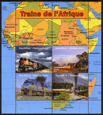 Madagascar 2015 Trains of Africa perf sheetlet containing 4 values unmounted mint. Note this item is privately produced and is offered purely on its thematic appeal, it h..., stamps on railways