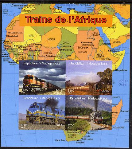 Madagascar 2015 Trains of Africa imperf sheetlet containing 4 values unmounted mint. Note this item is privately produced and is offered purely on its thematic appeal, stamps on , stamps on  stamps on railways