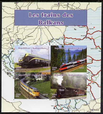 Madagascar 2015 Trains of The Balkans imperf sheetlet containing 4 values unmounted mint. Note this item is privately produced and is offered purely on its thematic appea..., stamps on railways