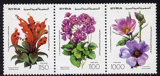 Syria 1993 Int Flower Show strip of 3 unmounted mint, SG 1869a, stamps on , stamps on  stamps on flowers