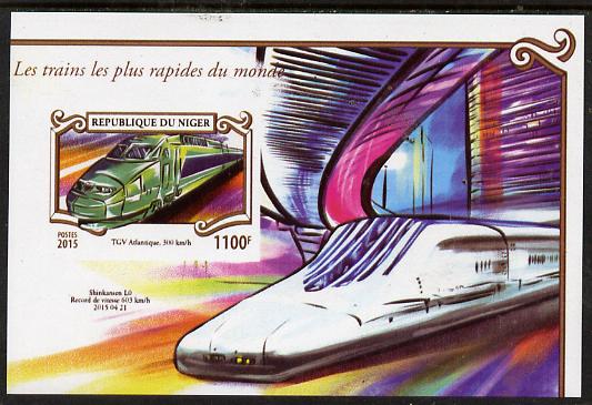 Niger Republic 2015 High Speed Trains #1 imperf deluxe sheet unmounted mint. Note this item is privately produced and is offered purely on its thematic appeal, stamps on , stamps on  stamps on railways