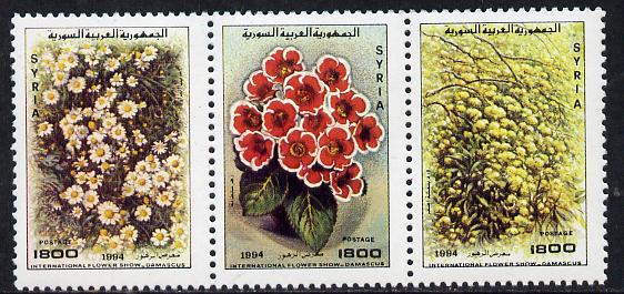Syria 1994 Int Flower Show strip of 3 unmounted mint, SG 1896a, stamps on flowers