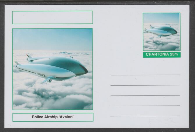 Chartonia (Fantasy) Airships & Balloons - Police Airship 'Avalon' postal stationery card unused and fine, stamps on , stamps on  stamps on transport, stamps on  stamps on aviation, stamps on  stamps on airships, stamps on  stamps on police