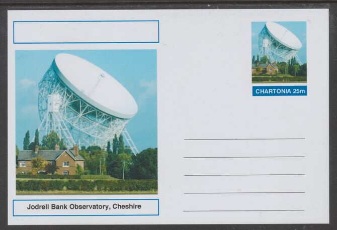 Chartonia (Fantasy) Landmarks - Jodrel Bank Observatory, Chessire postal stationery card unused and fine, stamps on tourism, stamps on space