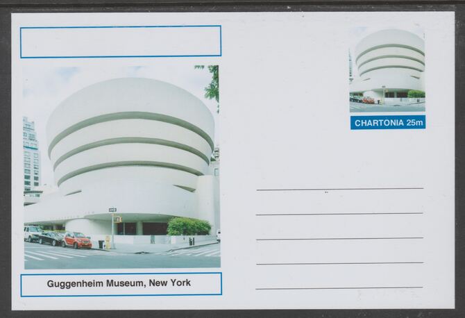 Chartonia (Fantasy) Landmarks - Guggenheim Museum, New York postal stationery card unused and fine, stamps on , stamps on  stamps on tourism, stamps on  stamps on 