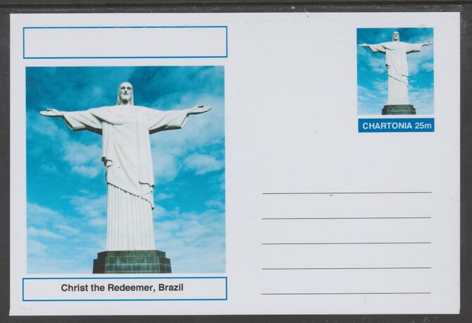 Chartonia (Fantasy) Landmarks - Christ the Redeemer, Brazil postal stationery card unused and fine, stamps on tourism, stamps on 