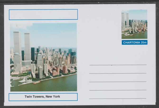 Chartonia (Fantasy) Landmarks -Twin Towers, New York postal stationery card unused and fine, stamps on tourism, stamps on 