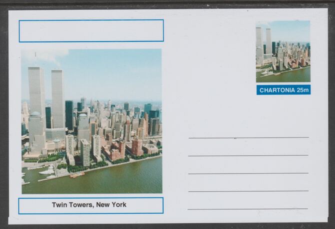 Chartonia (Fantasy) Landmarks -Twin Towers, New York postal stationery card unused and fine, stamps on , stamps on  stamps on tourism, stamps on  stamps on 