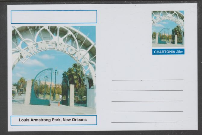 Chartonia (Fantasy) Landmarks - Louis Armstrong Park, New Orleans postal stationery card unused and fine, stamps on , stamps on  stamps on tourism, stamps on  stamps on music, stamps on  stamps on jazz, stamps on  stamps on 