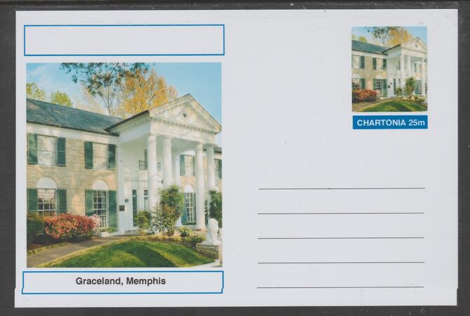 Chartonia (Fantasy) Landmarks - Graceland, Memphis postal stationery card unused and fine, stamps on , stamps on  stamps on tourism, stamps on  stamps on music, stamps on  stamps on elvis, stamps on  stamps on 